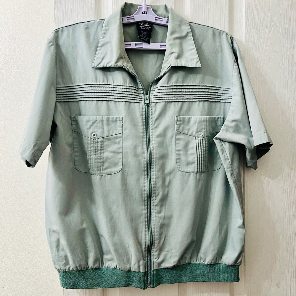 Vtg John Blair Zip Up Short Sleeve Jacket 80s Men Large Green Pintuck Pleated